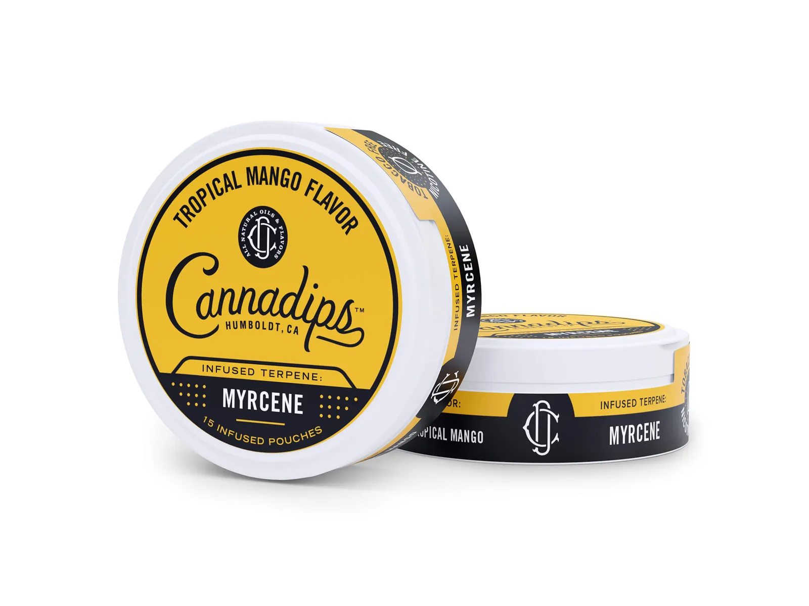 Cannadips terpene pouches 3D packaging rendering showing metallic tin and citrus botanical lifestyle elements by 3diz Studio