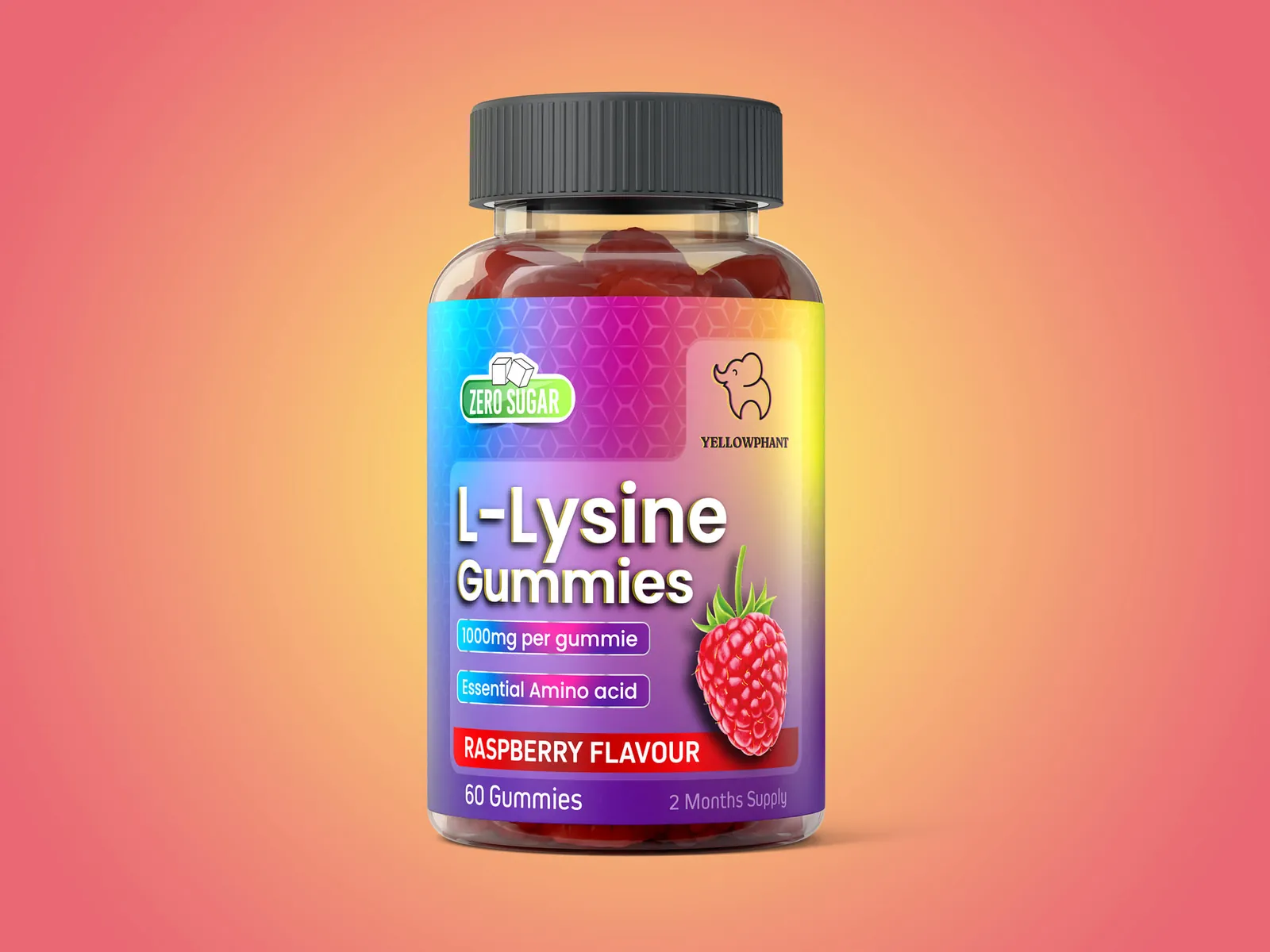 Yellowphant L-Lysine Gummies Amazon Main Image 3D Render on pure white RGB 255,255,255